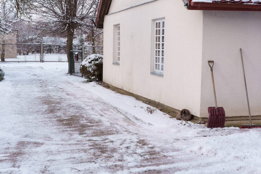 Aging concrete driveway showing cracks from freeze-thaw damage.